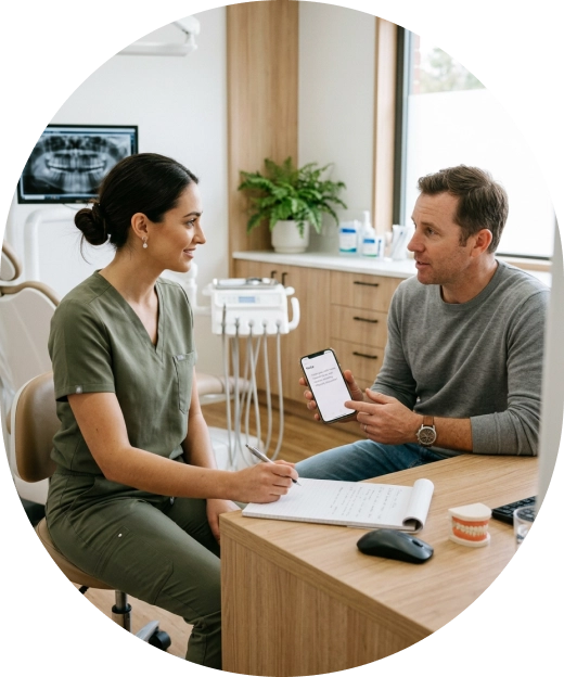 Dental consultation between a woman in scrubs and a man, discussing on a smartphone in a modern office setting.