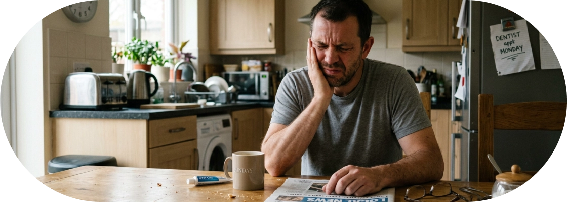 Man sitting at a kitchen table, grimacing in discomfort while reading a newspaper with a coffee mug and toothpaste nearby.